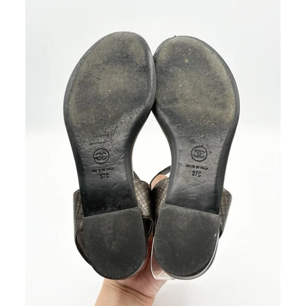 Chanel Silver Thong Sandals Camelia Flower Accents T Strap Size EU 37
